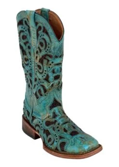 Ferrini Ladies Horseshoe Sq Toe Turq Boots