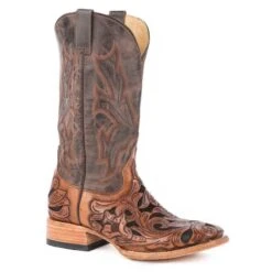 Stetson Mens Sq Toe Brn Handtooled Boots